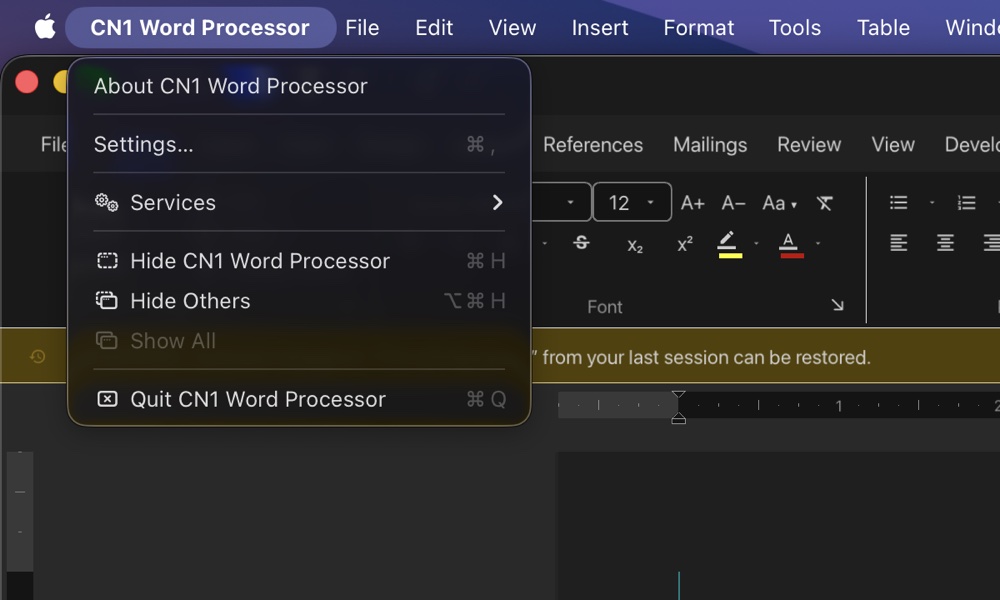 The macOS application menu with About, Settings and Quit