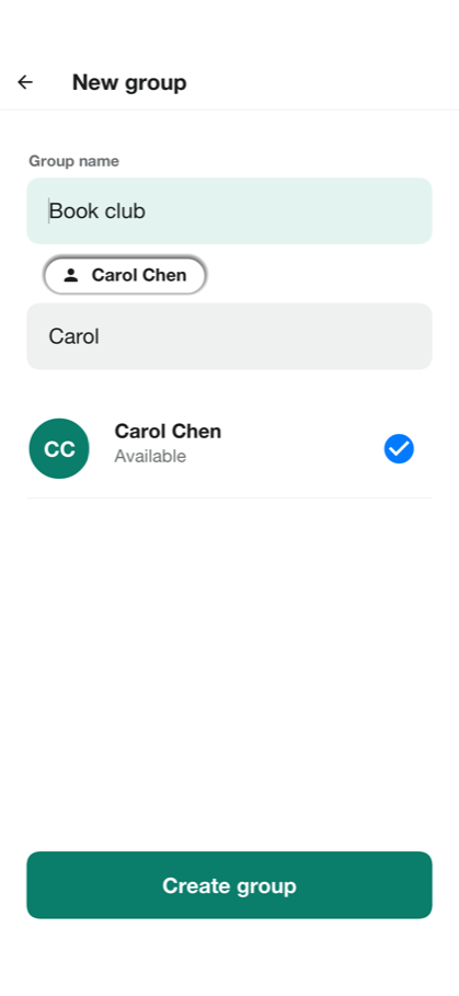 The new group form with the group name, the chosen member and the button that creates the group